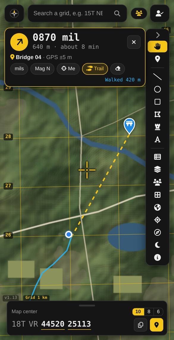 Navigation card with bearing and distance, and a walked trail
