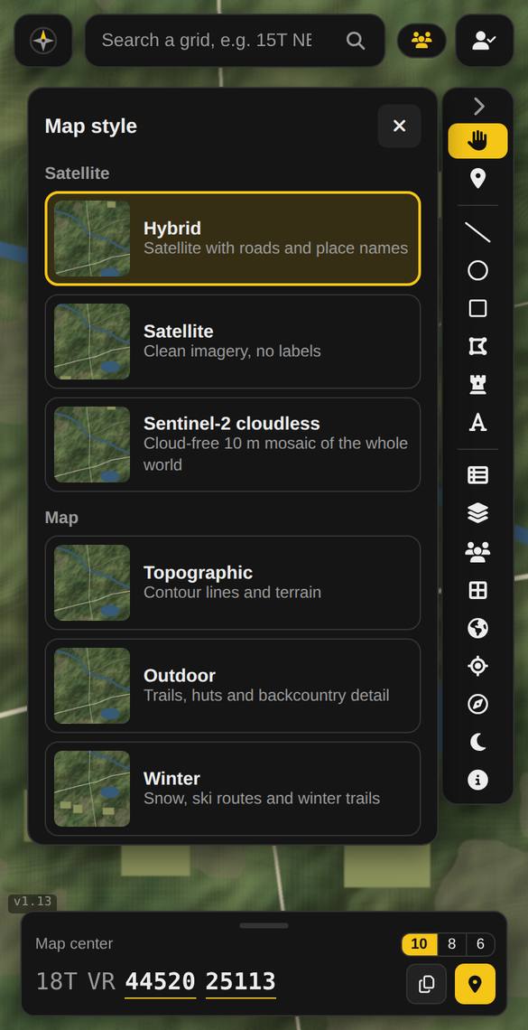 Map style menu with satellite and map options